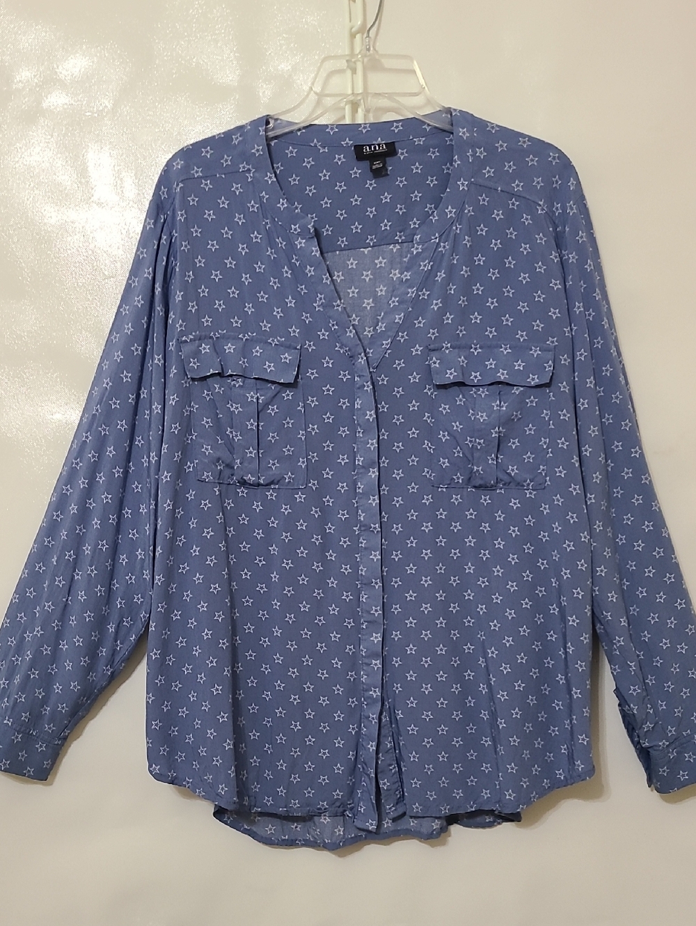 Ana Women's Blue Chambray Button Up Roll Tab Sleeves Tunic Top Blouse - Size XXL